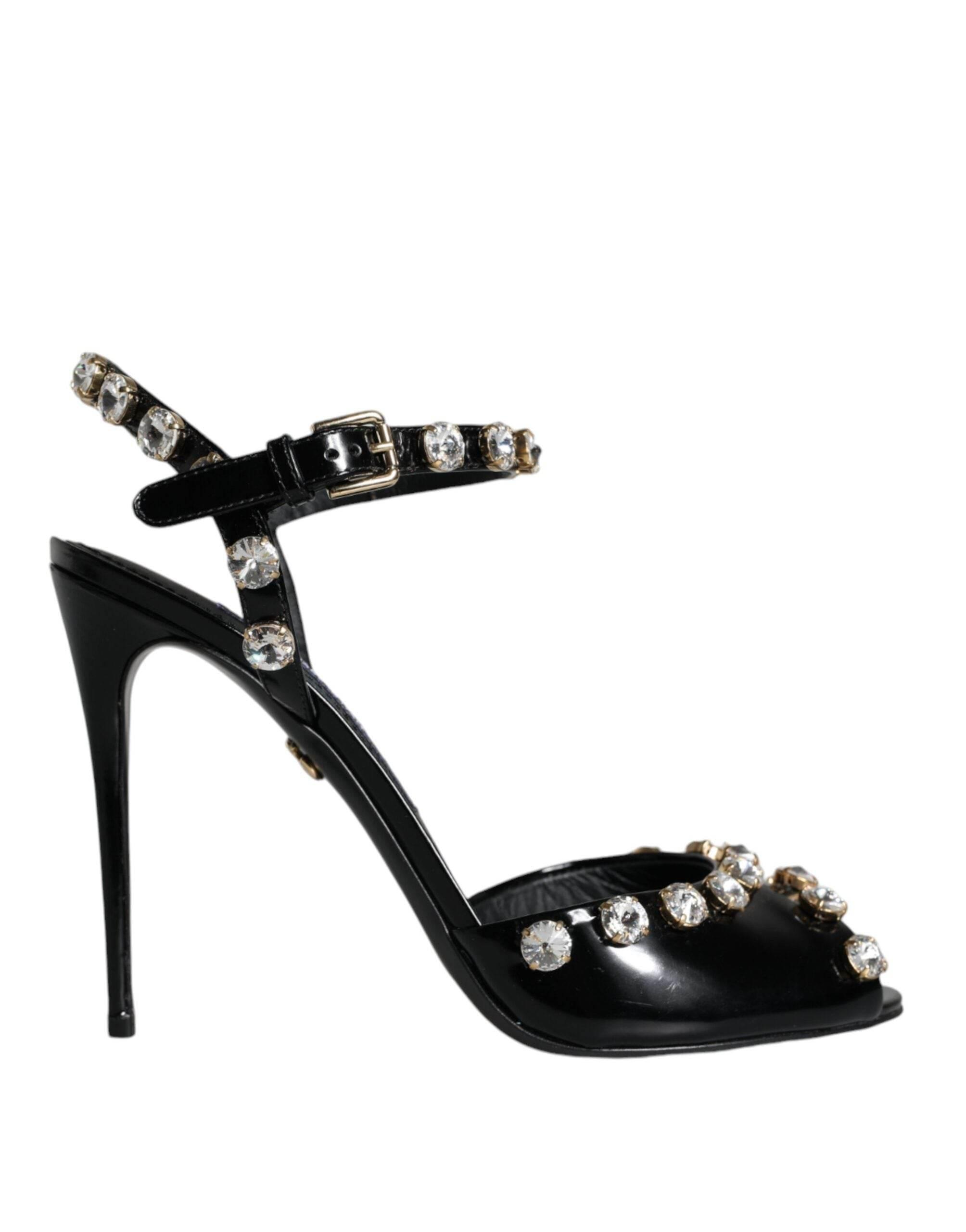 Dolce & Gabbana Black Leather Crystal Ankle Strap Sandals Shoes - Hilstor