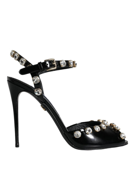 Dolce & Gabbana Black Leather Crystal Ankle Strap Sandals Shoes - Hilstor