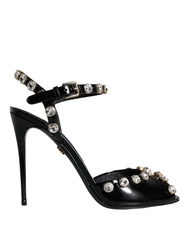 Dolce & Gabbana Black Leather Crystal Ankle Strap Sandals Shoes - Hilstor