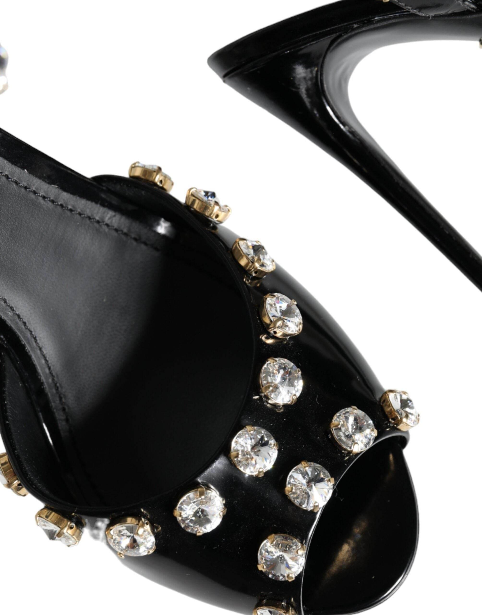 Dolce & Gabbana Black Leather Crystal Ankle Strap Sandals Shoes - Hilstor