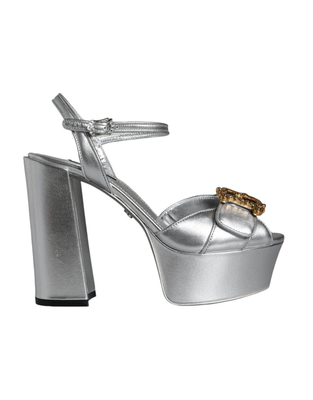 Dolce & Gabbana Silver Leather Platform Logo Keira Sandals Shoes - Hilstor