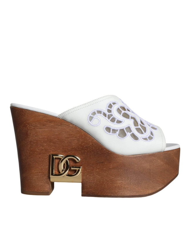 Dolce & Gabbana White Leather Wood Mules Wedge Slides Shoes - Hilstor
