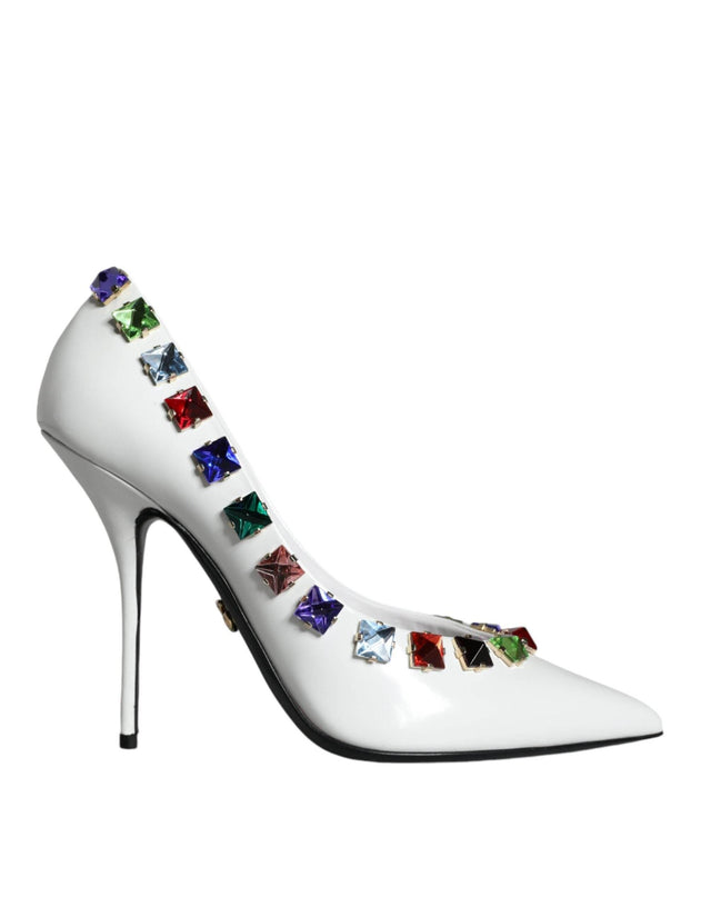 Dolce & Gabbana White Crystals Leather High Heels Pumps Shoes - Hilstor