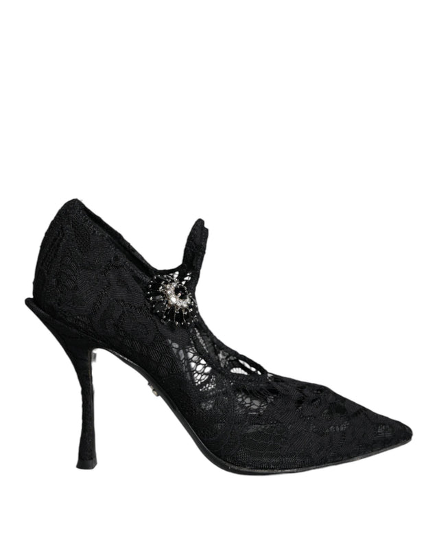 Dolce & Gabbana Black Mary Jane Pumps Lace Crystals Heels Shoes - Hilstor