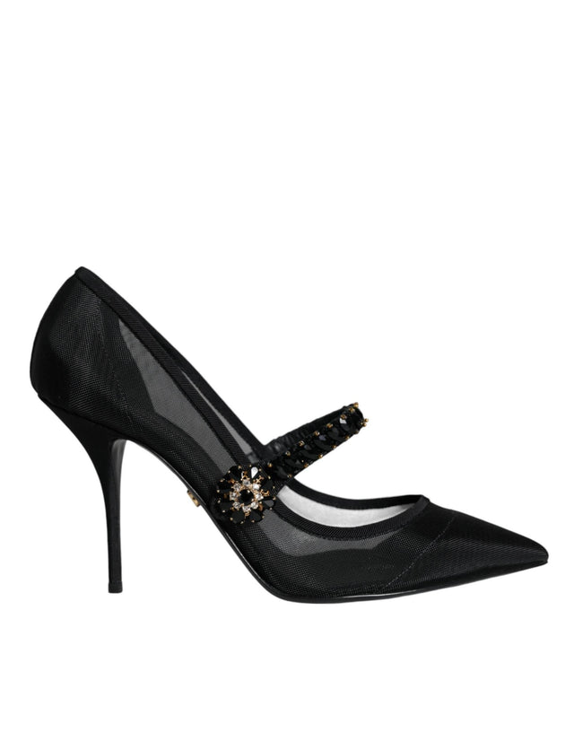 Dolce & Gabbana Black Mesh Mary Jane Crystal Heel Pumps Shoes - Hilstor