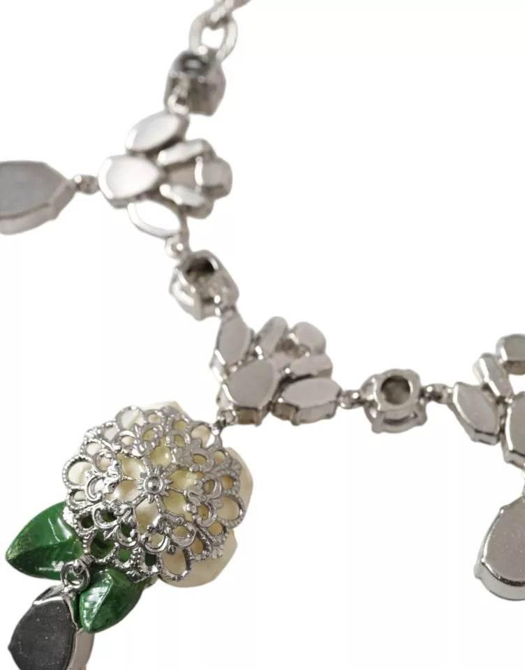 Dolce & Gabbana Silver Brass Clear Crystal Roses Pendants Necklace - Hilstor