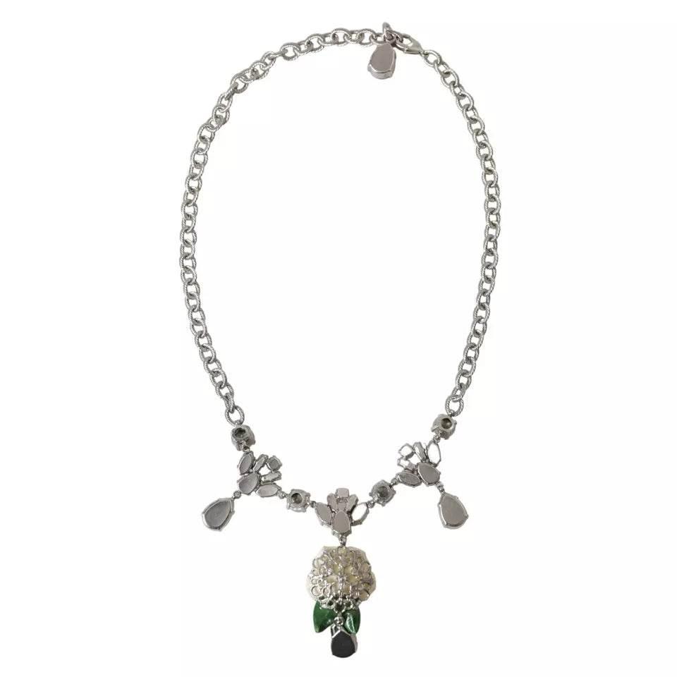 Dolce & Gabbana Silver Brass Clear Crystal Roses Pendants Necklace - Hilstor