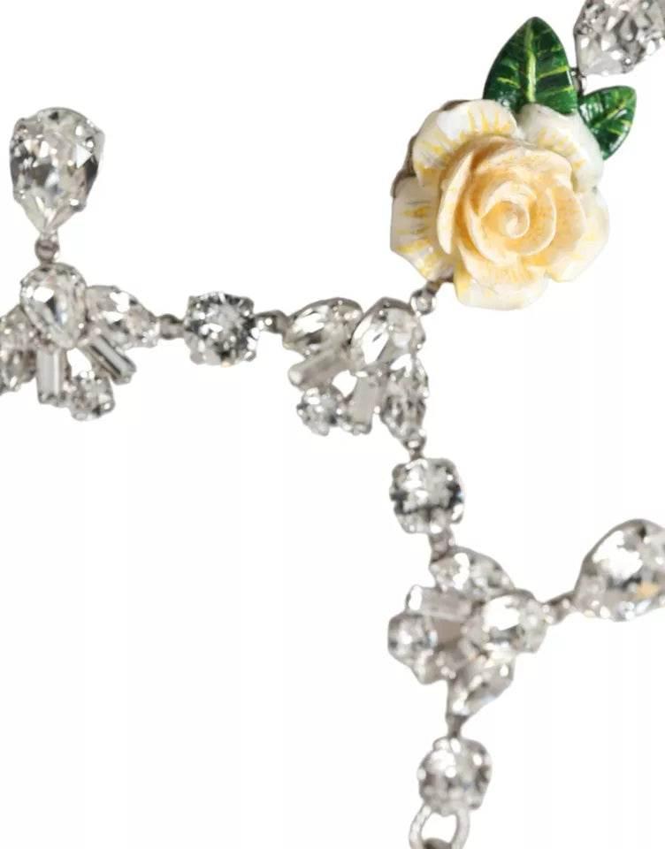 Dolce & Gabbana Silver Brass Clear Crystal Roses Pendants Necklace - Hilstor