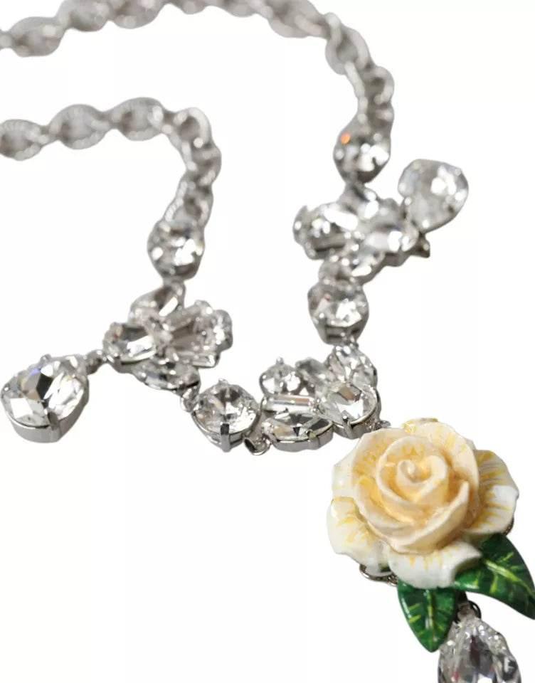 Dolce & Gabbana Silver Brass Clear Crystal Roses Pendants Necklace - Hilstor