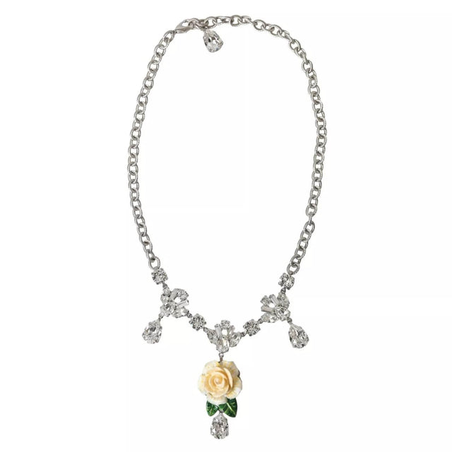 Dolce & Gabbana Silver Brass Clear Crystal Roses Pendants Necklace - Hilstor