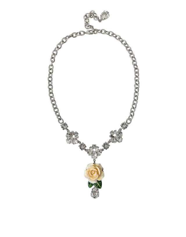 Dolce & Gabbana Silver Brass Clear Crystal Roses Pendants Necklace - Hilstor