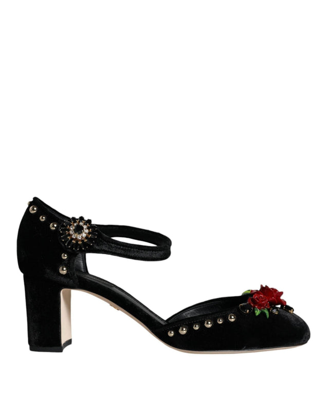 Dolce & Gabbana Black Velvet Roses Ankle Strap Pumps Shoes - Hilstor
