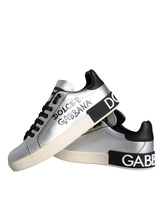 Dolce & Gabbana Silver Portofino Calf Leather Sneakers Shoes - Hilstor