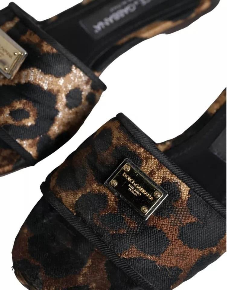Dolce & Gabbana Brown Leopard Logo Slides Flats Sandals Shoes - Hilstor