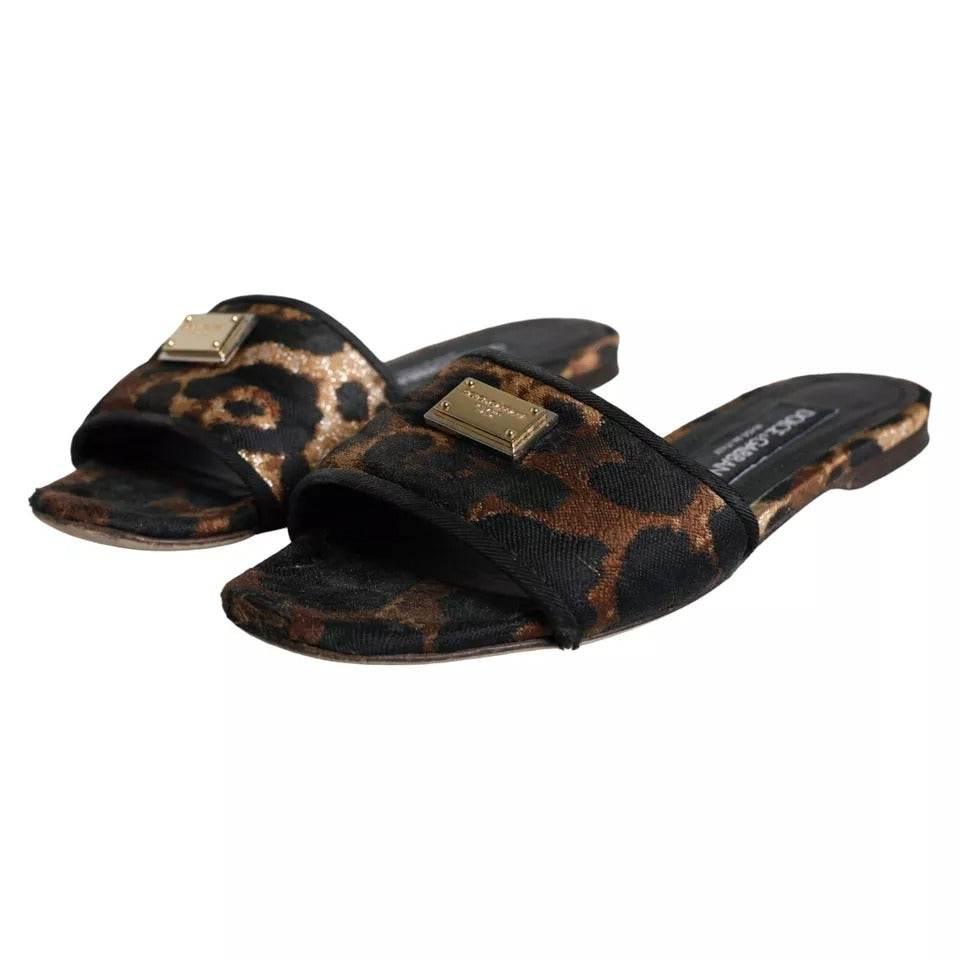 Dolce & Gabbana Brown Leopard Logo Slides Flats Sandals Shoes - Hilstor
