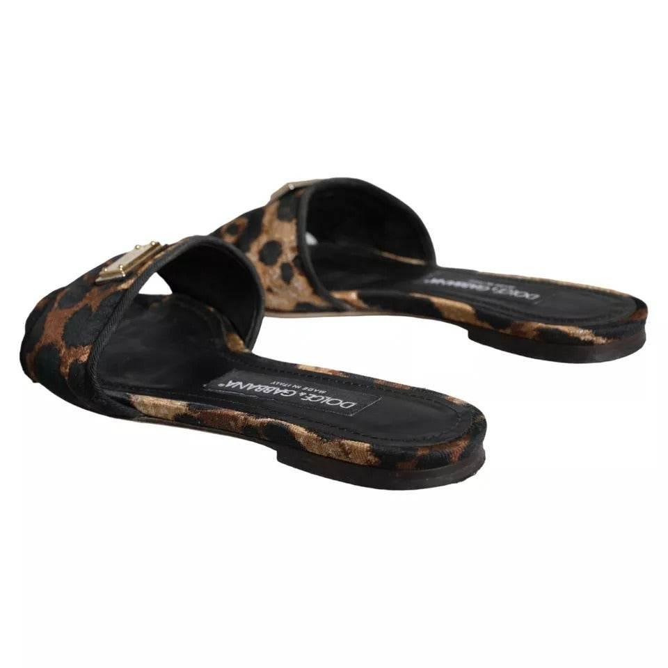 Dolce & Gabbana Brown Leopard Logo Slides Flats Sandals Shoes - Hilstor