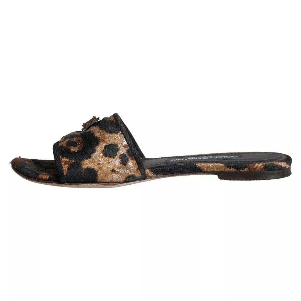 Dolce & Gabbana Brown Leopard Logo Slides Flats Sandals Shoes - Hilstor
