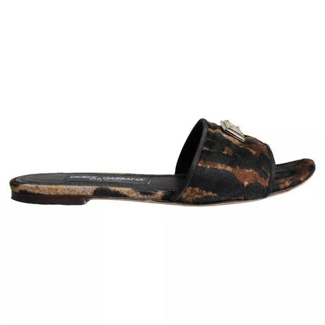 Dolce & Gabbana Brown Leopard Logo Slides Flats Sandals Shoes - Hilstor