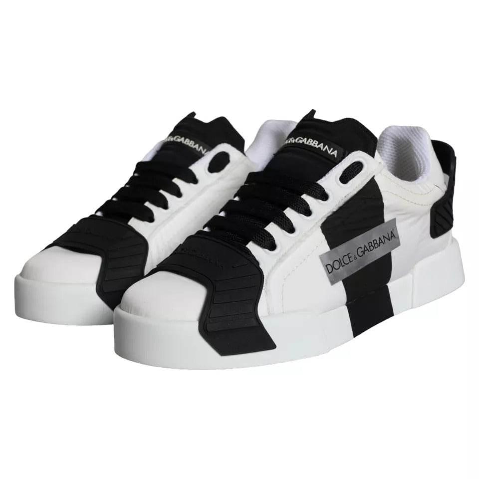 Dolce & Gabbana White Black Leather Low Top Women Sneaker Shoes - Hilstor