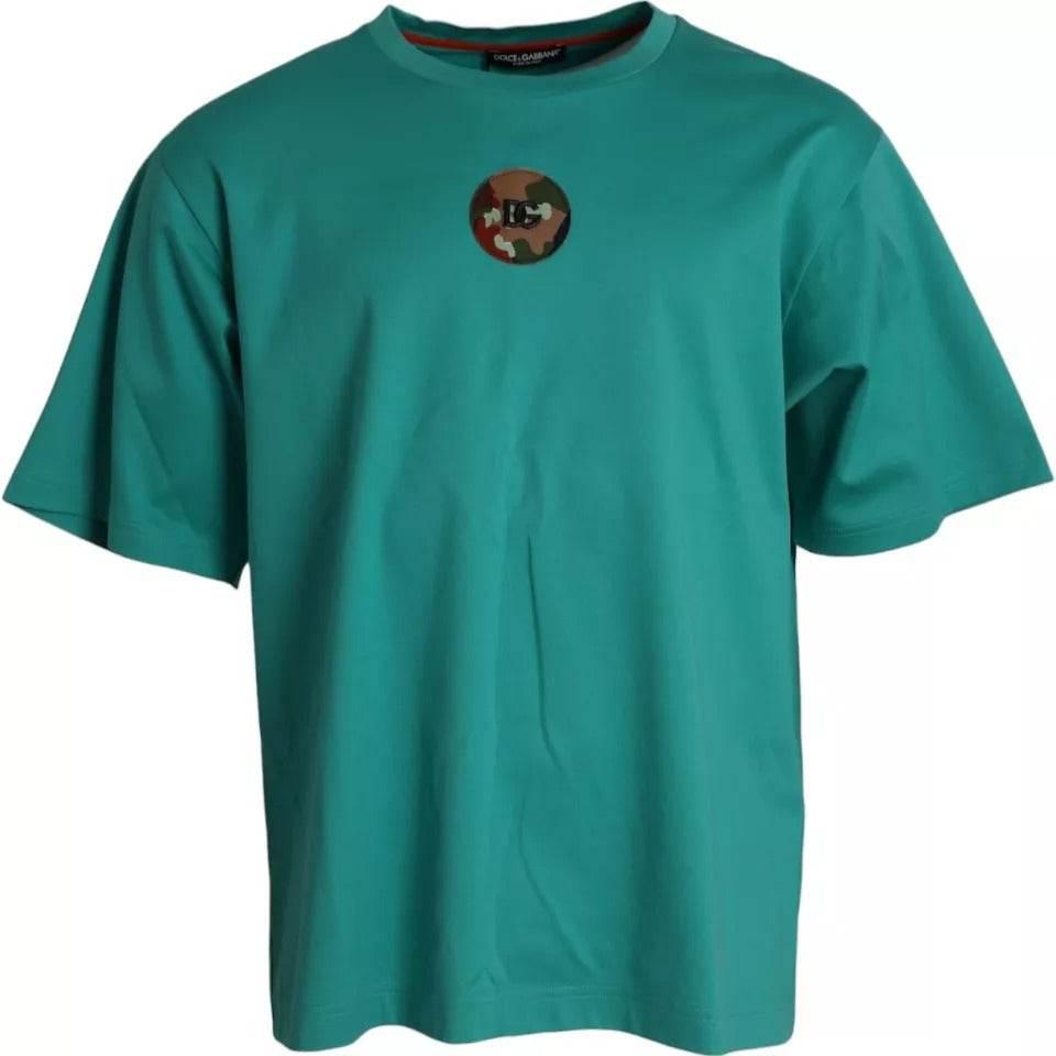 Dolce & Gabbana Green Logo Patch Round Neck Cotton T-shirt - Hilstor