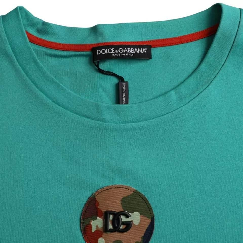 Dolce & Gabbana Green Logo Patch Round Neck Cotton T-shirt - Hilstor