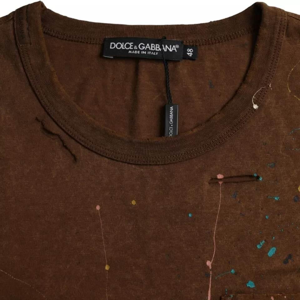 Dolce & Gabbana Brown Color Splash Cotton Crew Neck T-shirt - Hilstor