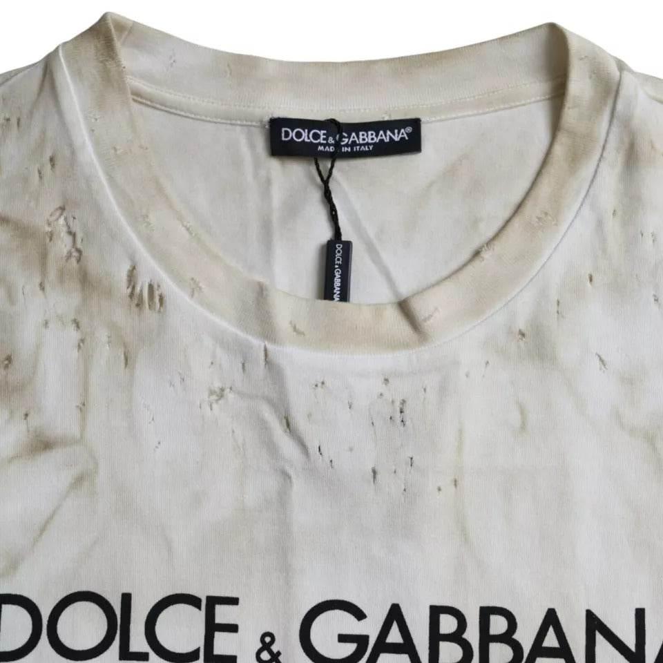Dolce & Gabbana Off White Logo Cotton Crew Neck T-shirt - Hilstor