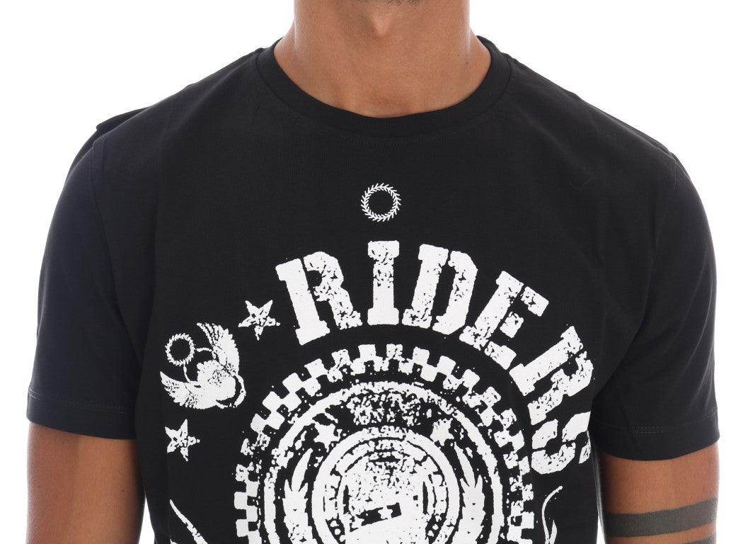 Frankie Morello Black Cotton RIDERS Crewneck T-Shirt - Hilstor