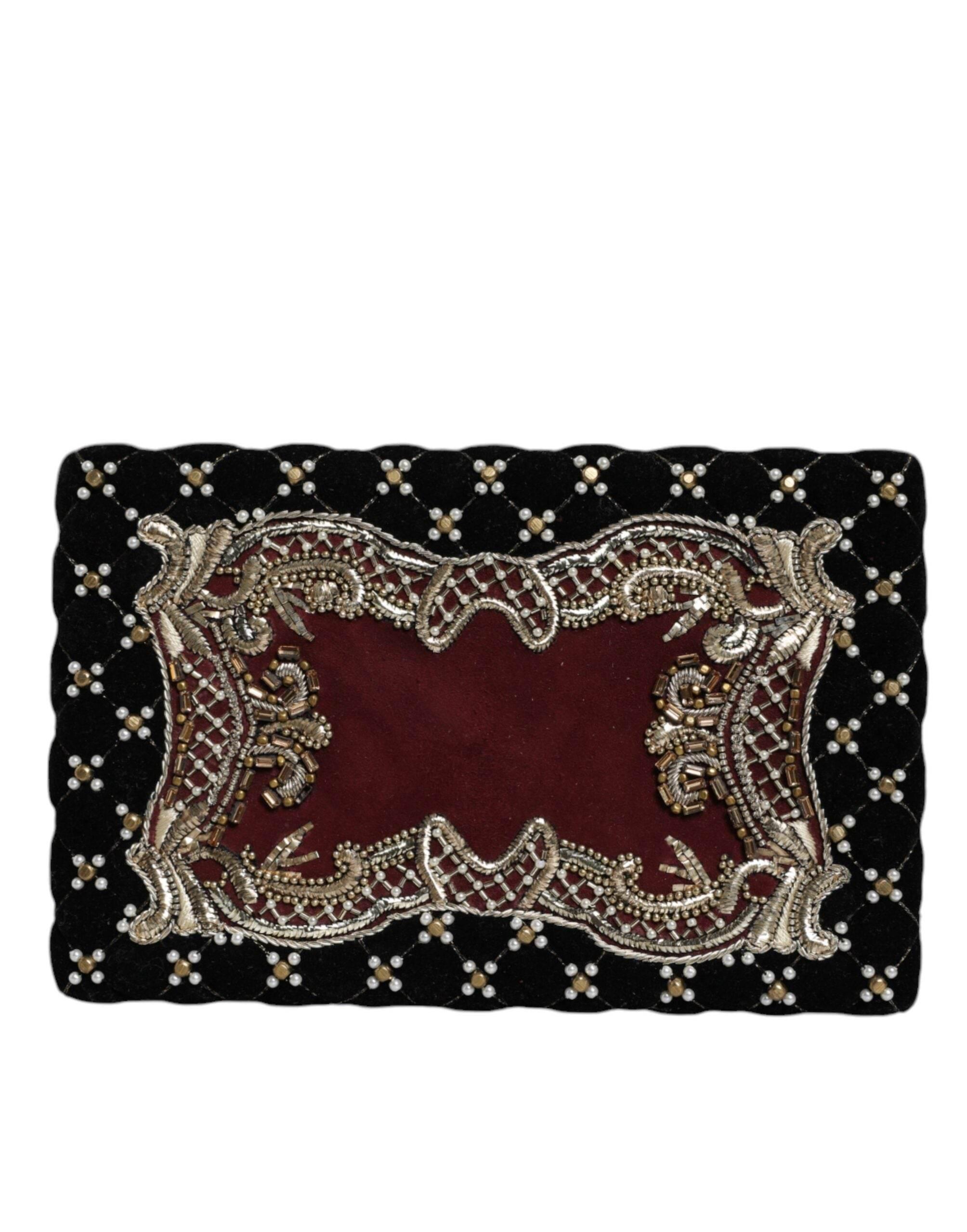 Dolce & Gabbana Bordeaux Black Velvet Gold Frame Clutch Evening Purse Bag - Hilstor