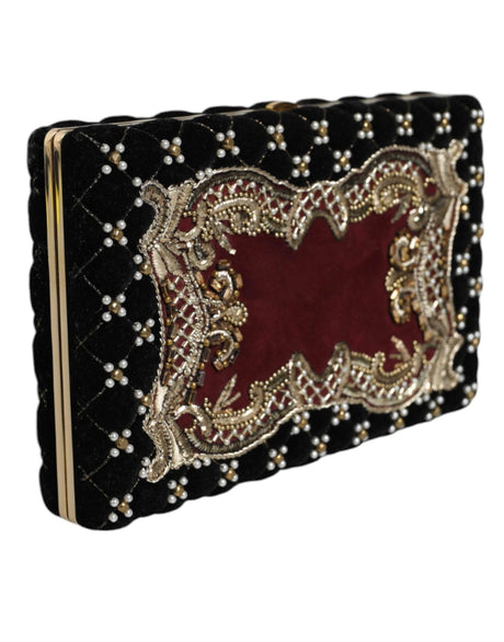 Dolce & Gabbana Bordeaux Black Velvet Gold Frame Clutch Evening Purse Bag - Hilstor