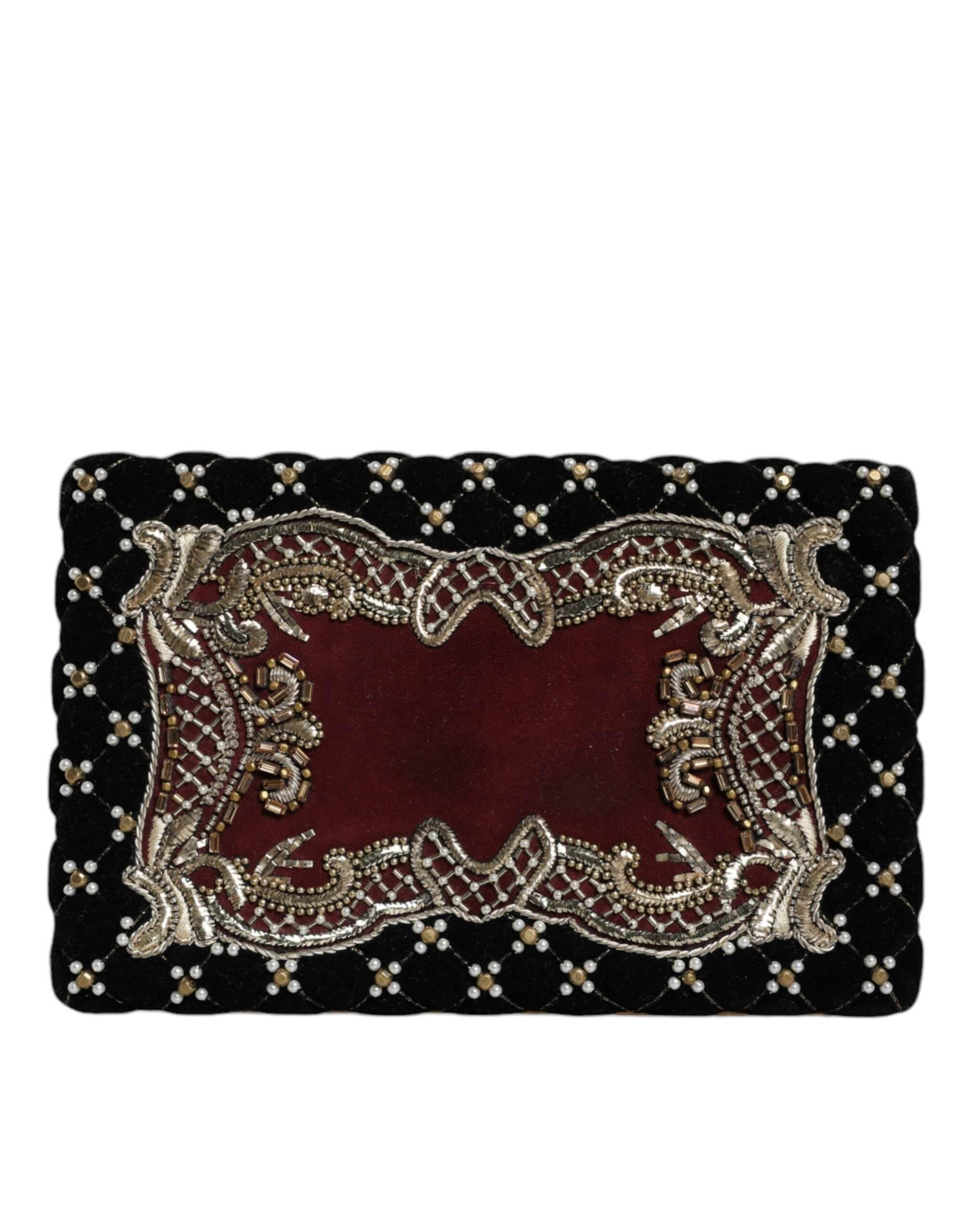 Dolce & Gabbana Bordeaux Black Velvet Gold Frame Clutch Evening Purse Bag - Hilstor