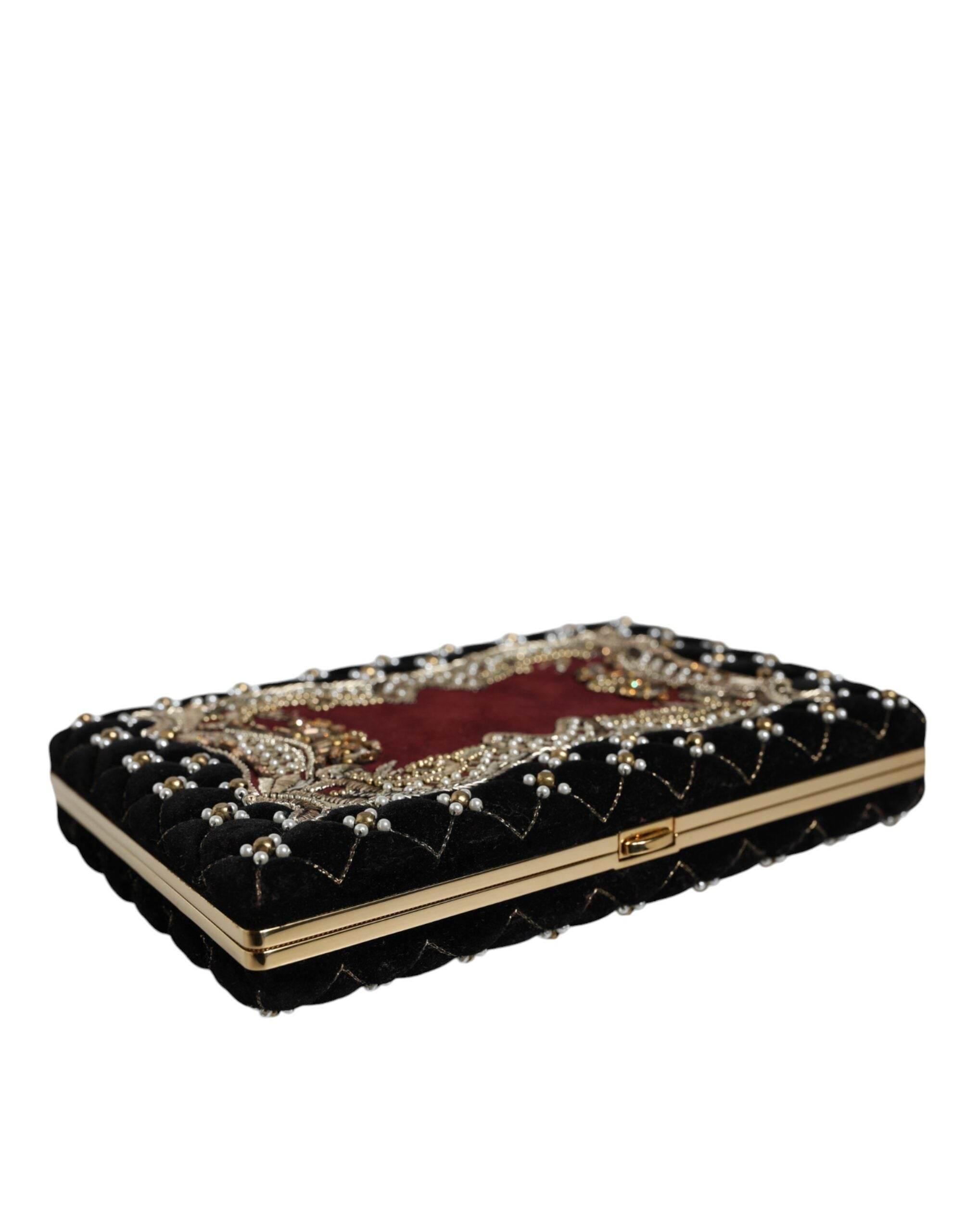 Dolce & Gabbana Bordeaux Black Velvet Gold Frame Clutch Evening Purse Bag - Hilstor