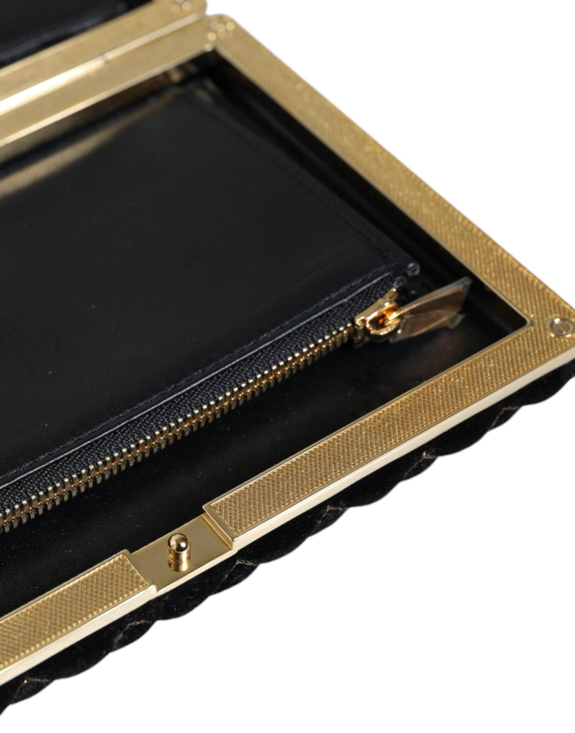 Dolce & Gabbana Bordeaux Black Velvet Gold Frame Clutch Evening Purse Bag - Hilstor