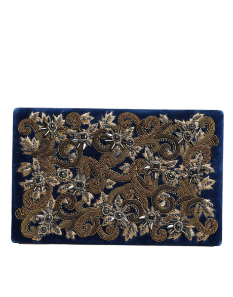 Dolce & Gabbana Blue Velvet Gold Frame Clutch Evening Party Purse Bag - Hilstor