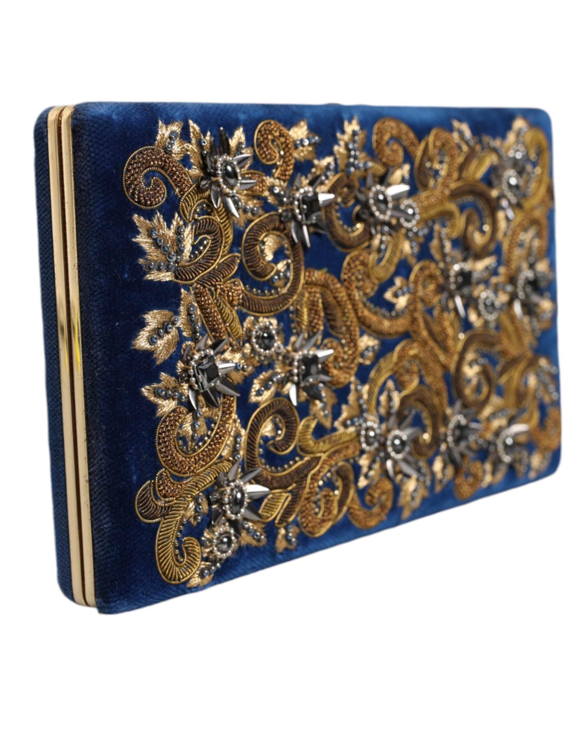 Dolce & Gabbana Blue Velvet Gold Frame Clutch Evening Party Purse Bag - Hilstor