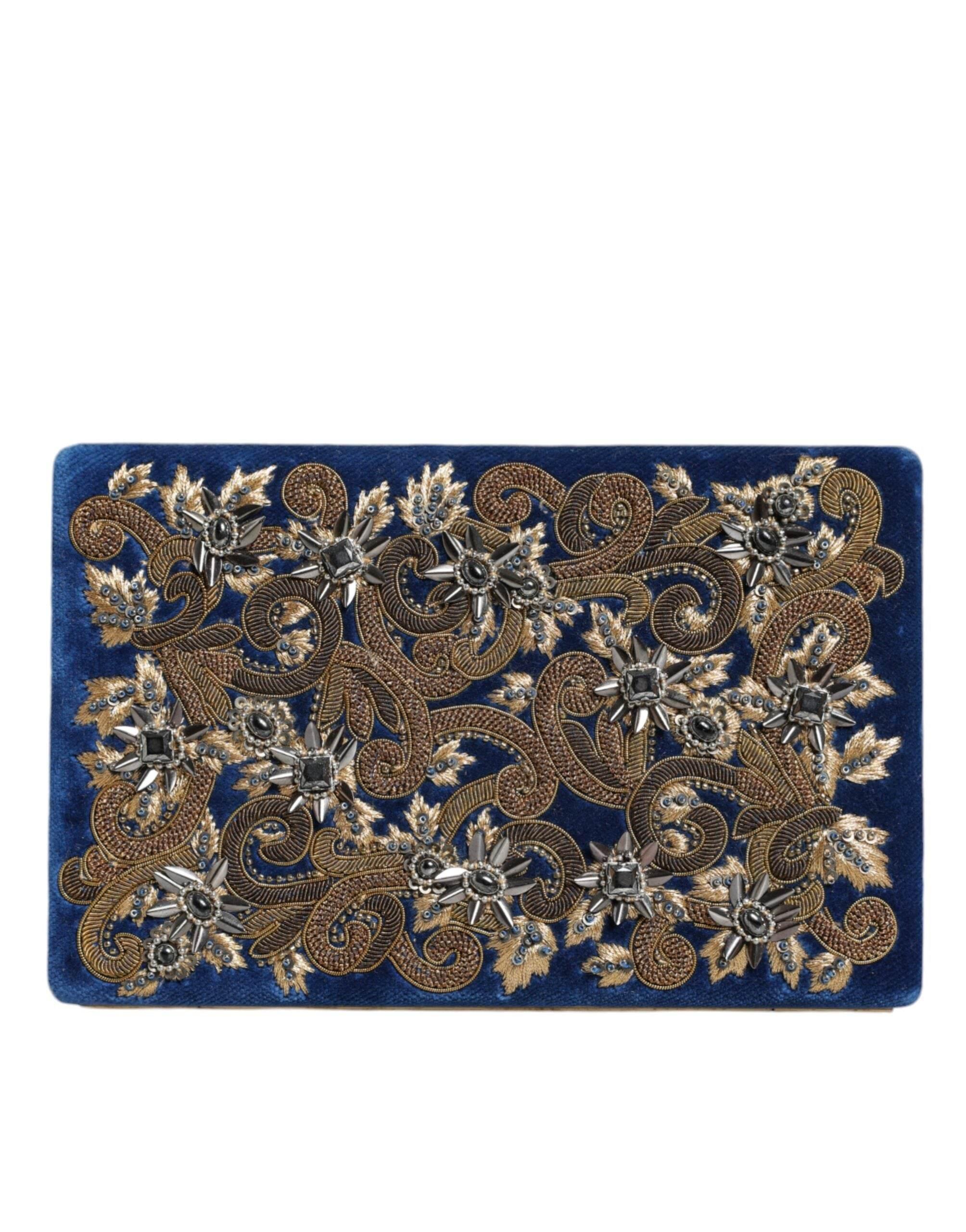 Dolce & Gabbana Blue Velvet Gold Frame Clutch Evening Party Purse Bag - Hilstor