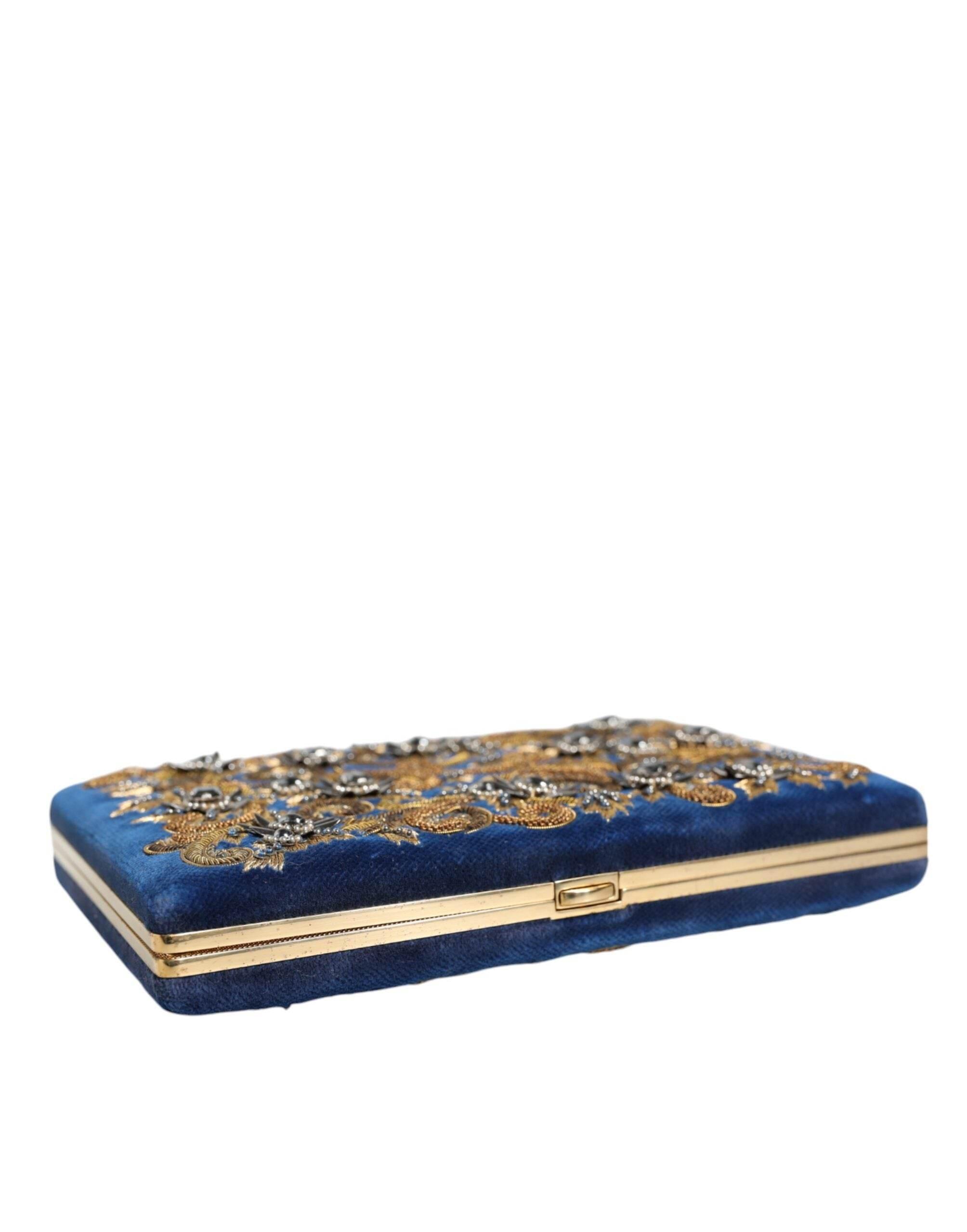 Dolce & Gabbana Blue Velvet Gold Frame Clutch Evening Party Purse Bag - Hilstor