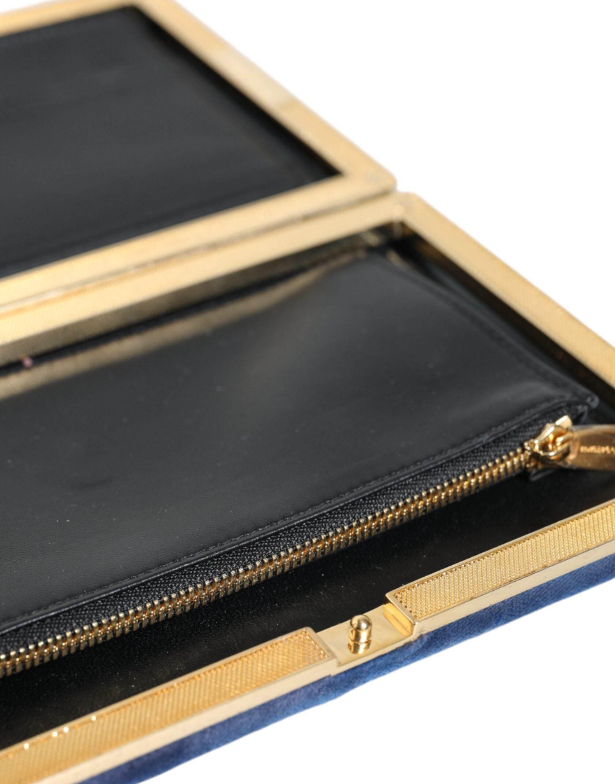 Dolce & Gabbana Blue Velvet Gold Frame Clutch Evening Party Purse Bag - Hilstor