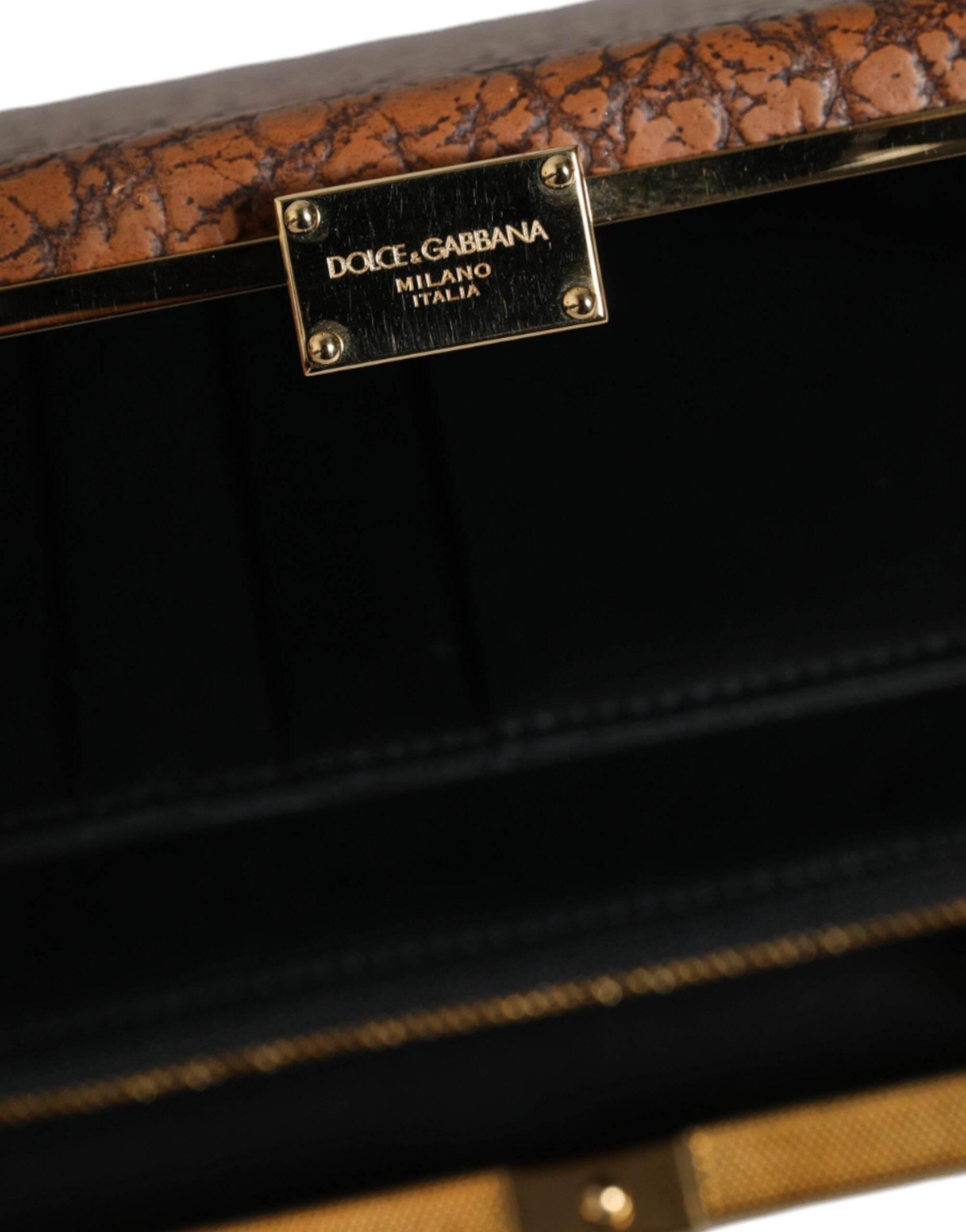 Dolce & Gabbana Brown Leather Gold Frame Clutch Mini Crossbody Bag - Hilstor
