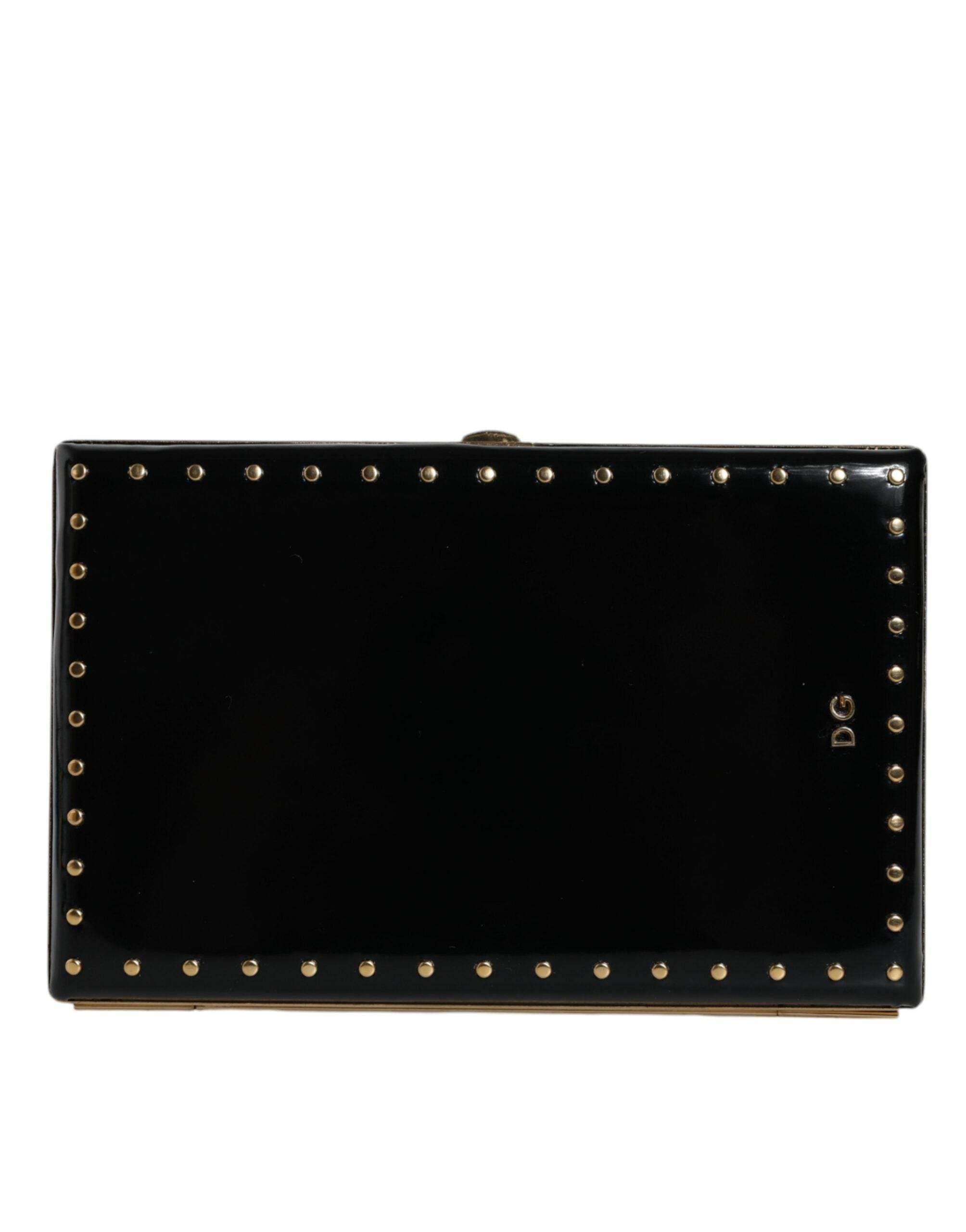 Dolce & Gabbana Black Leather Studs Gold Frame Clutch Evening Purse Bag - Hilstor