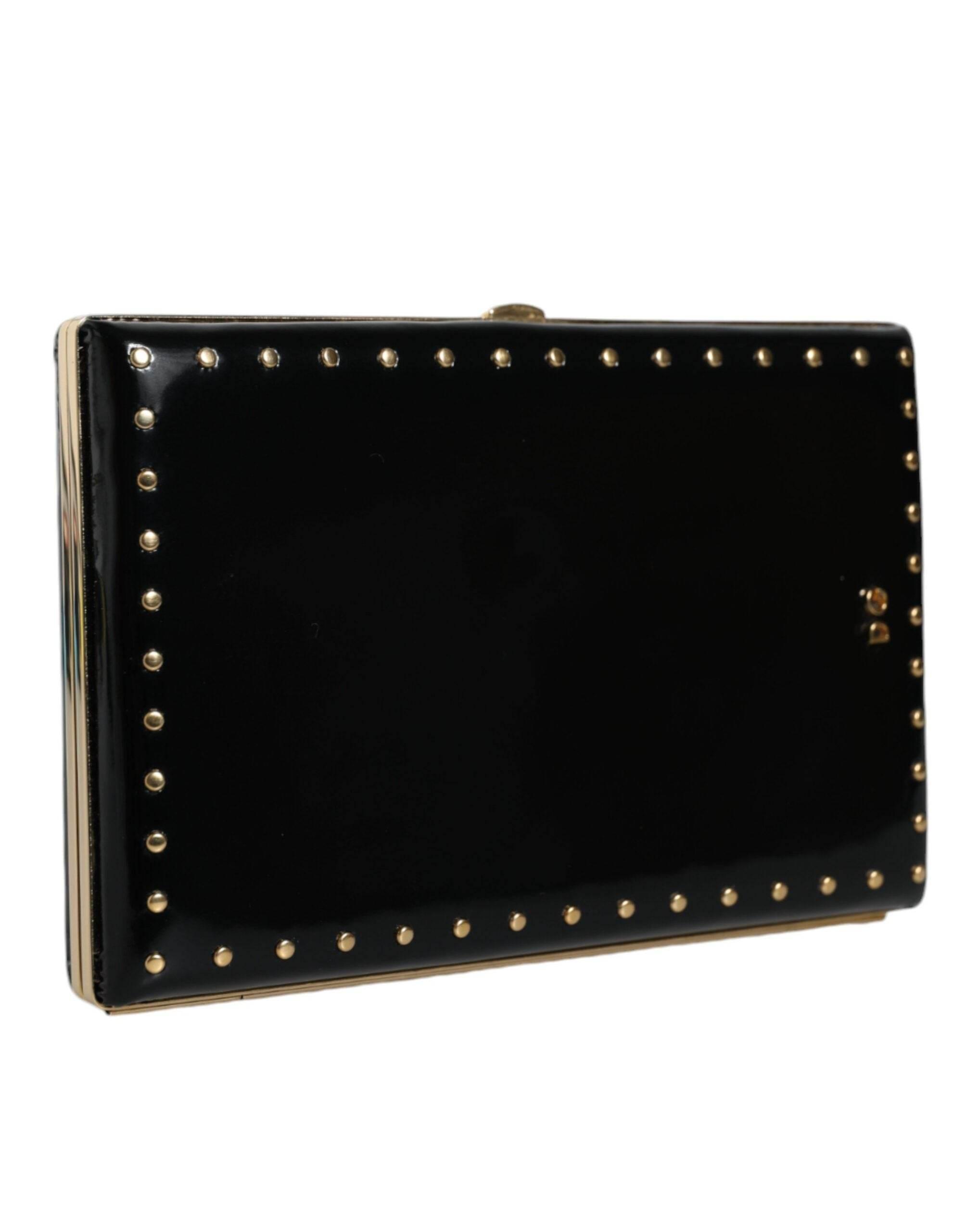 Dolce & Gabbana Black Leather Studs Gold Frame Clutch Evening Purse Bag - Hilstor
