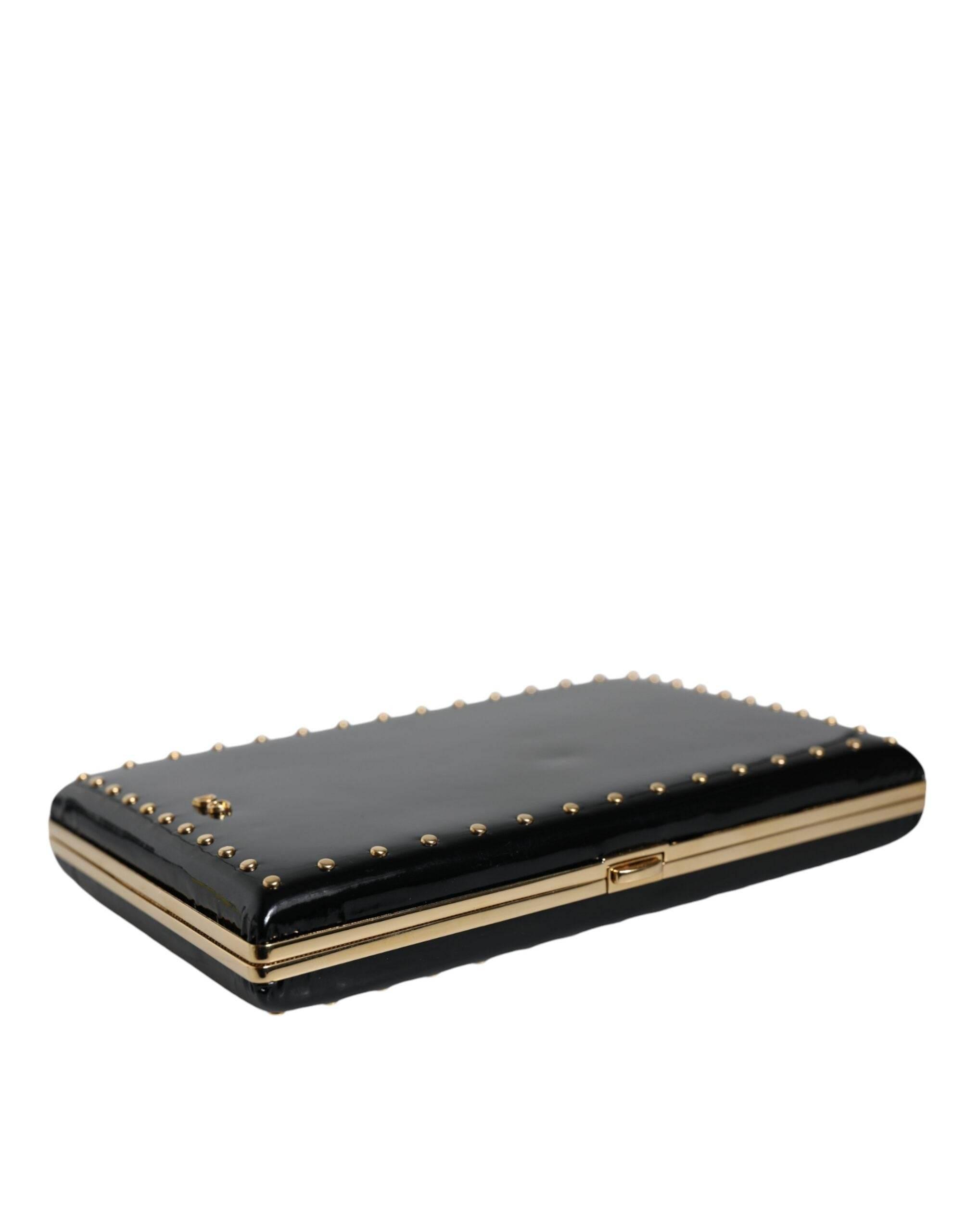 Dolce & Gabbana Black Leather Studs Gold Frame Clutch Evening Purse Bag - Hilstor