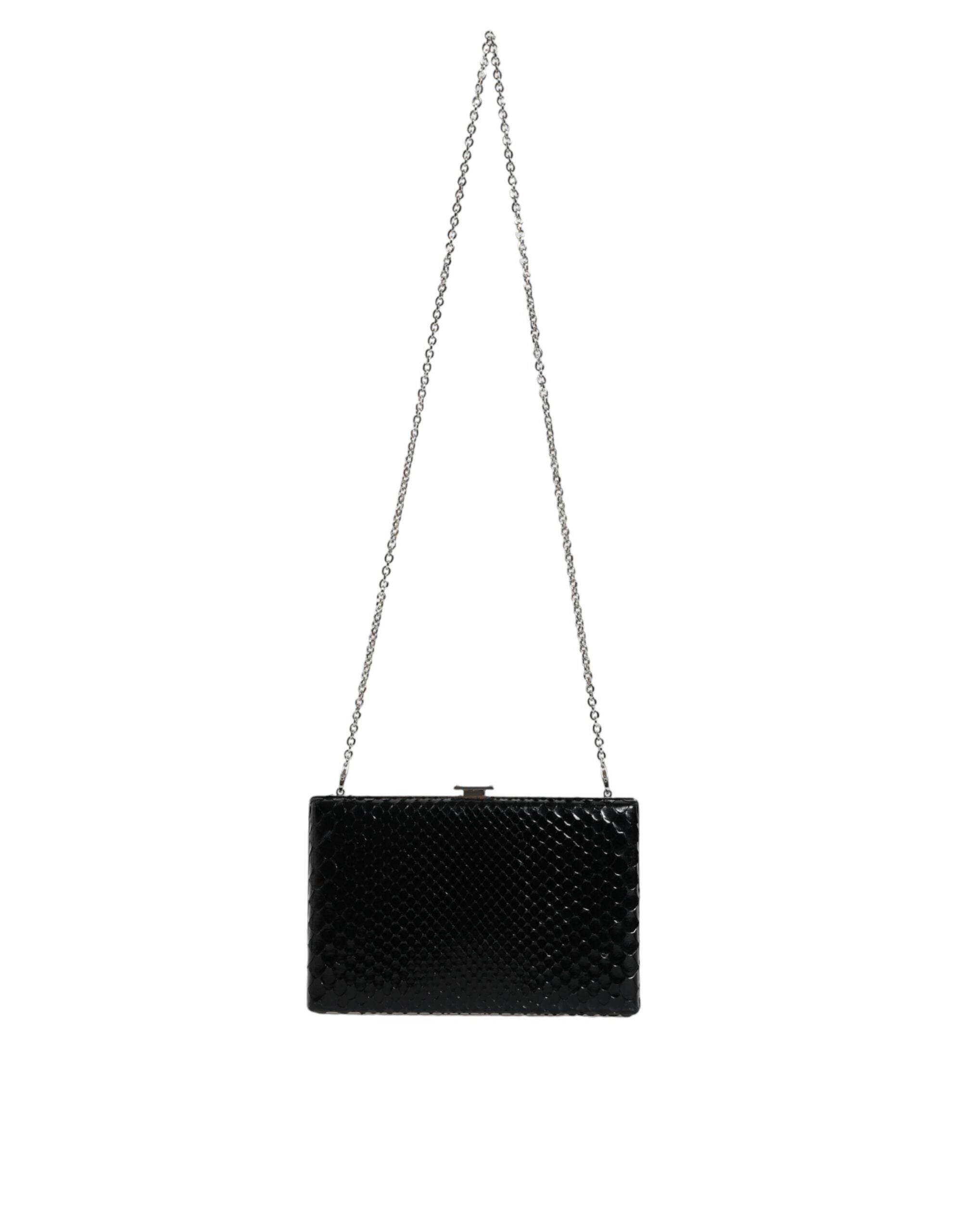 Dolce & Gabbana Black Leather Silver Frame Clutch Mini Crossbody Bag - Hilstor