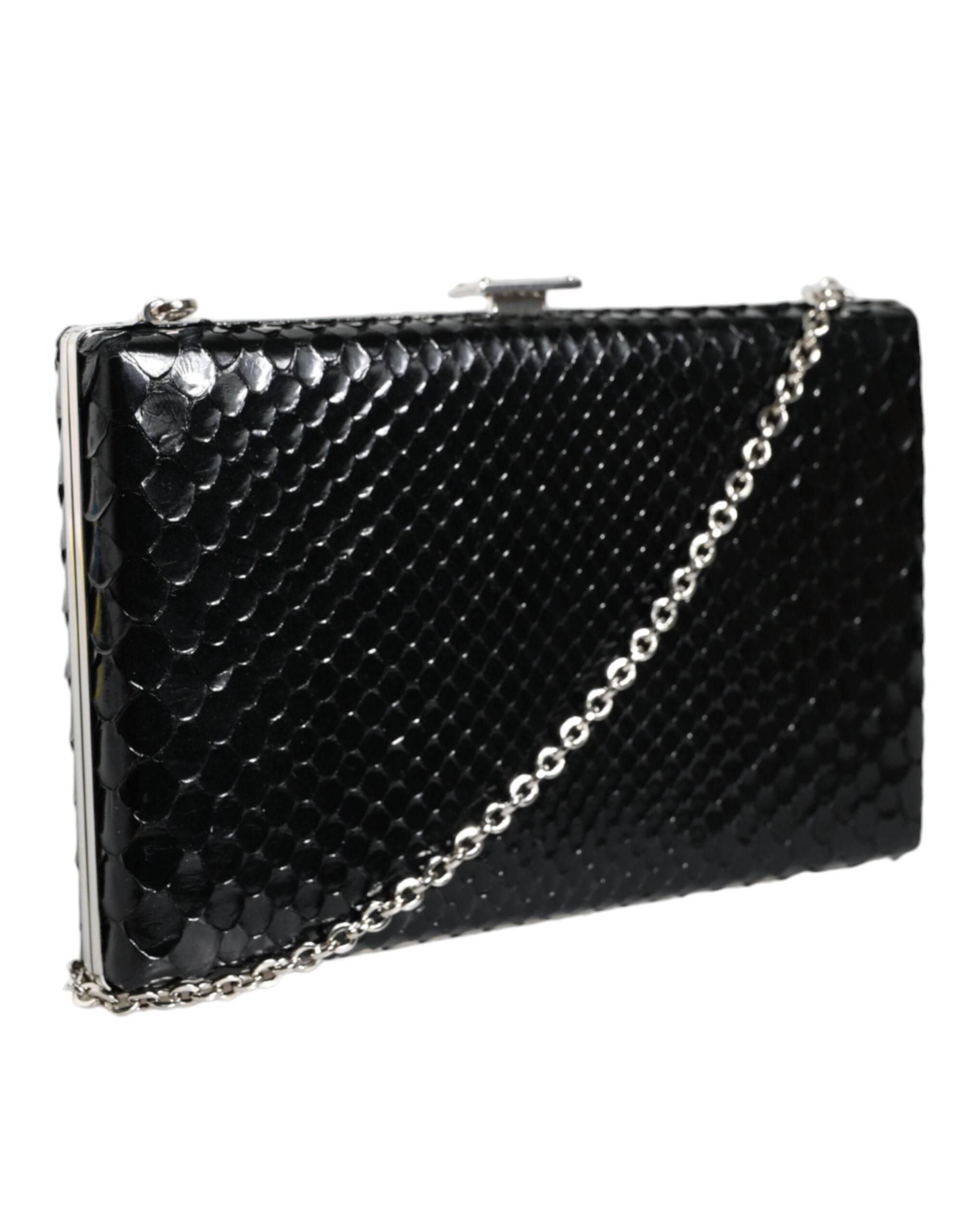 Dolce & Gabbana Black Leather Silver Frame Clutch Mini Crossbody Bag - Hilstor