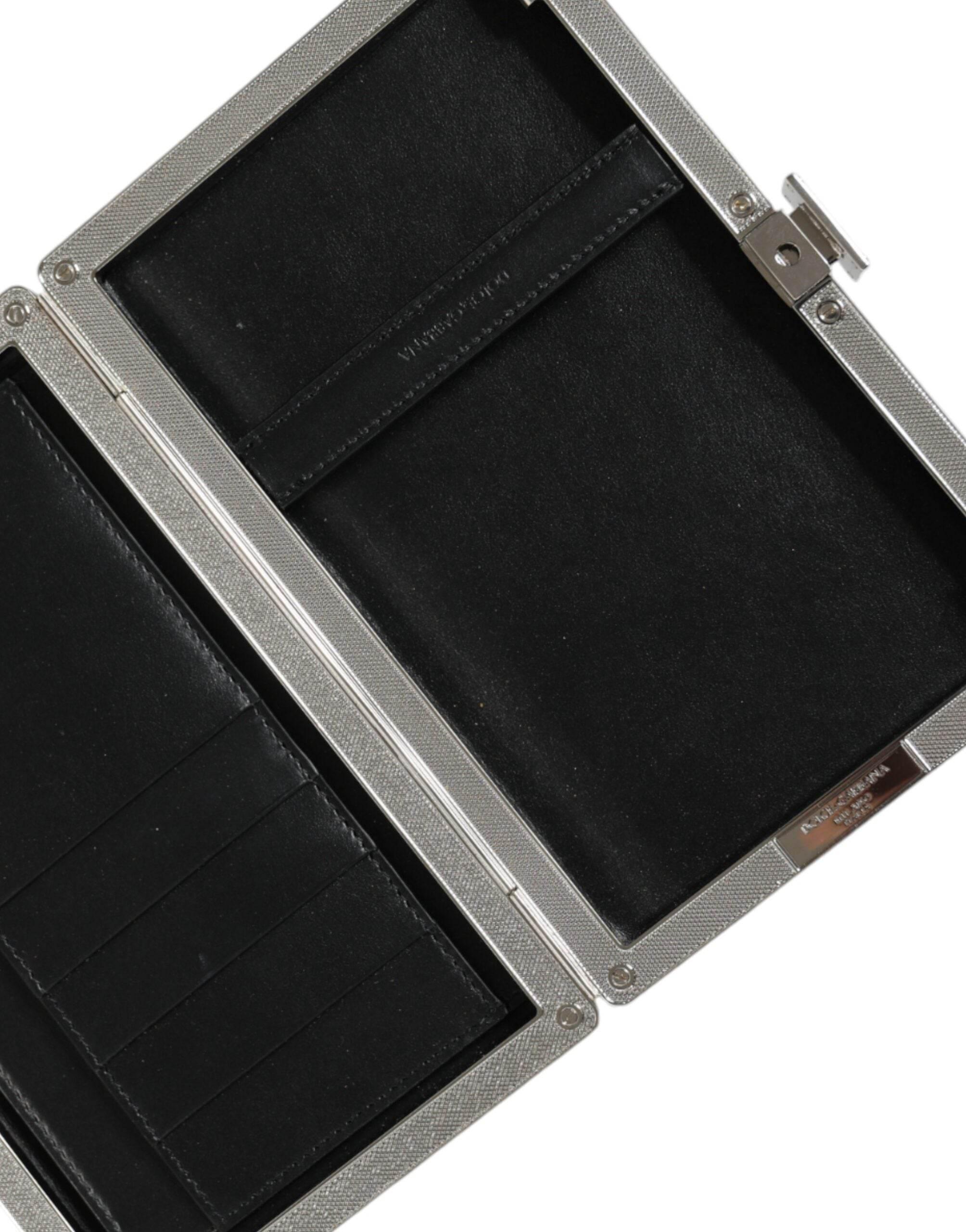 Dolce & Gabbana Black Leather Silver Frame Clutch Mini Crossbody Bag - Hilstor