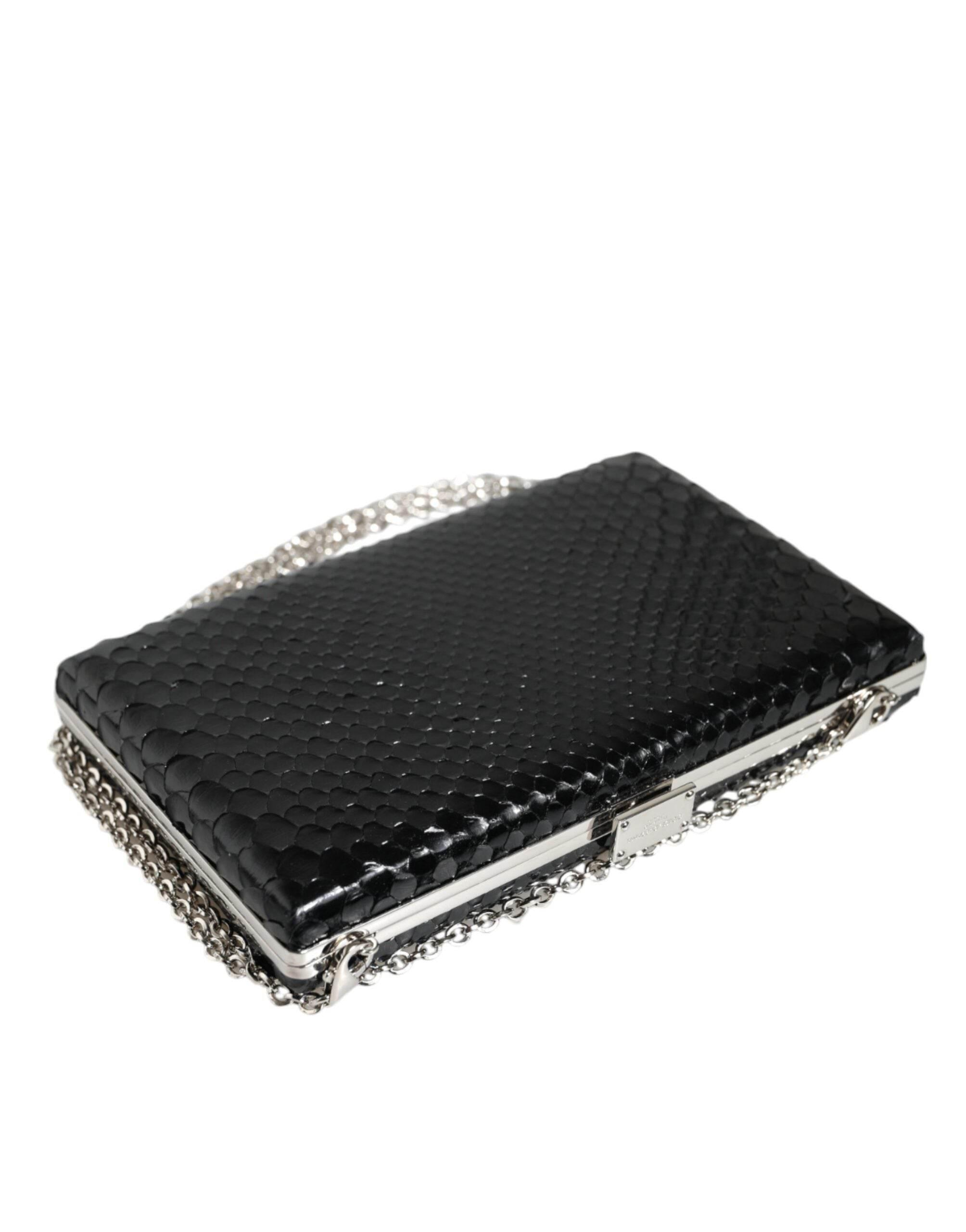 Dolce & Gabbana Black Leather Silver Frame Clutch Mini Crossbody Bag - Hilstor