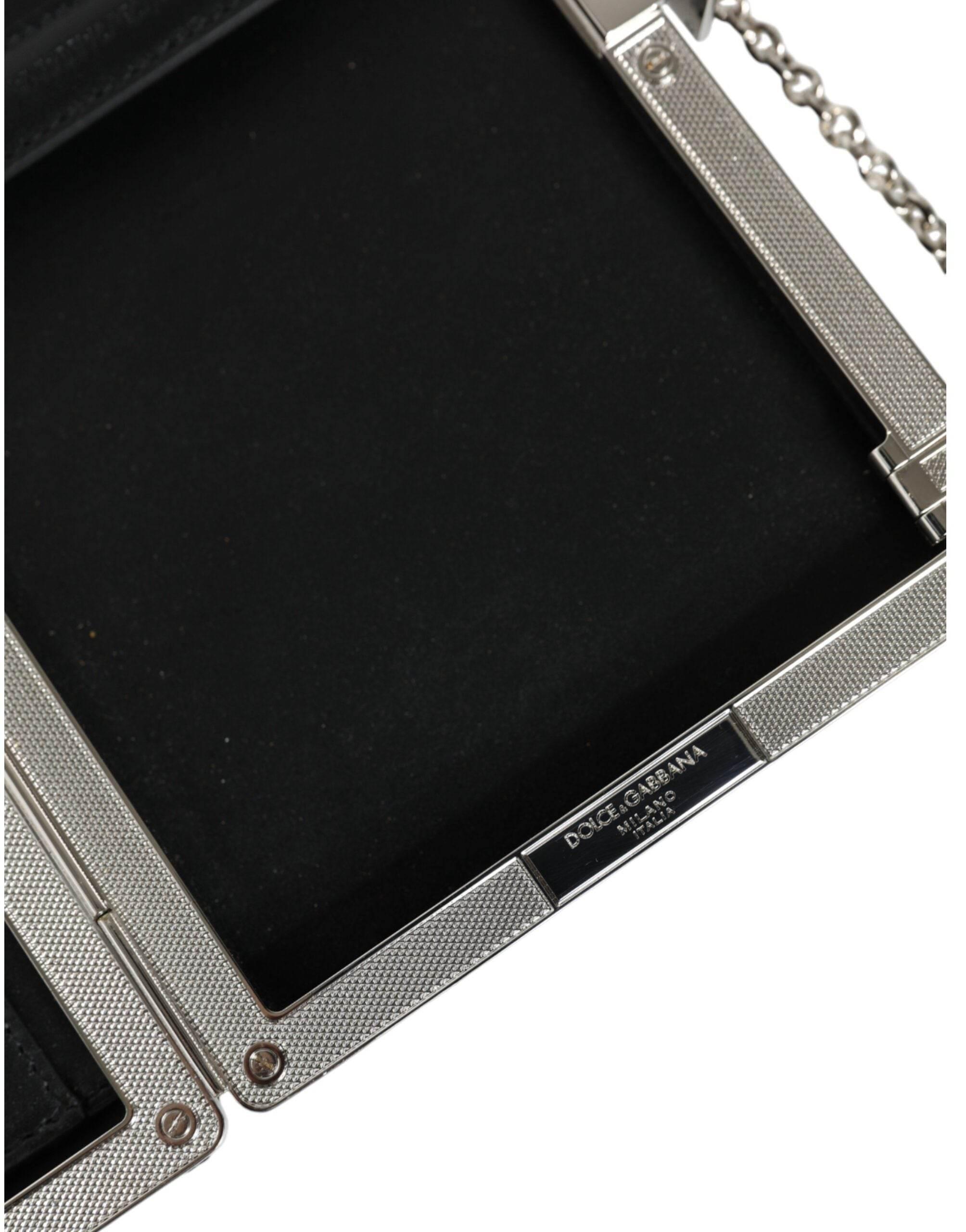 Dolce & Gabbana Black Leather Silver Frame Clutch Mini Crossbody Bag - Hilstor