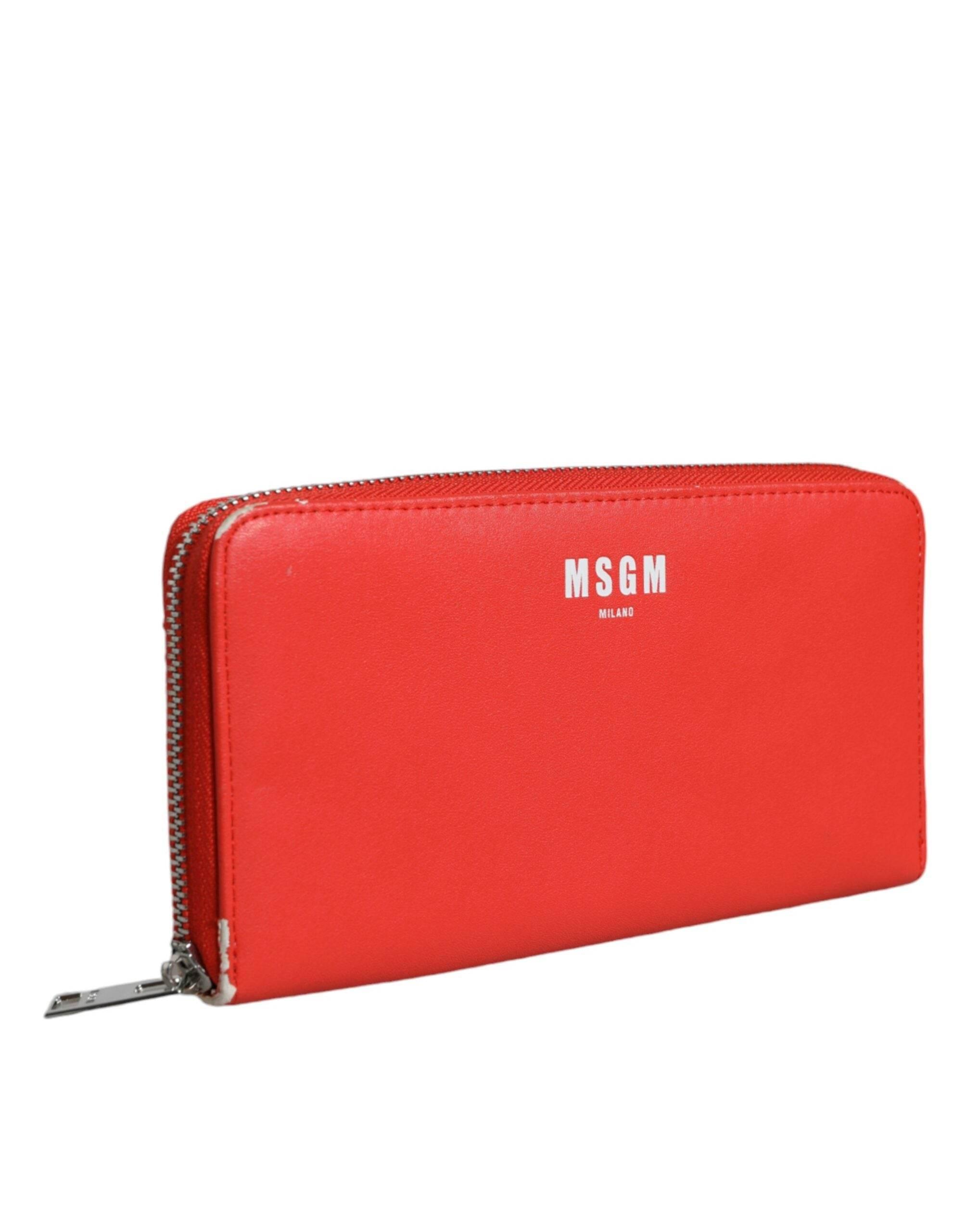 MSGM Red Leather Continental Zip Around Card Holder Bifold Clutch Wallet - Hilstor