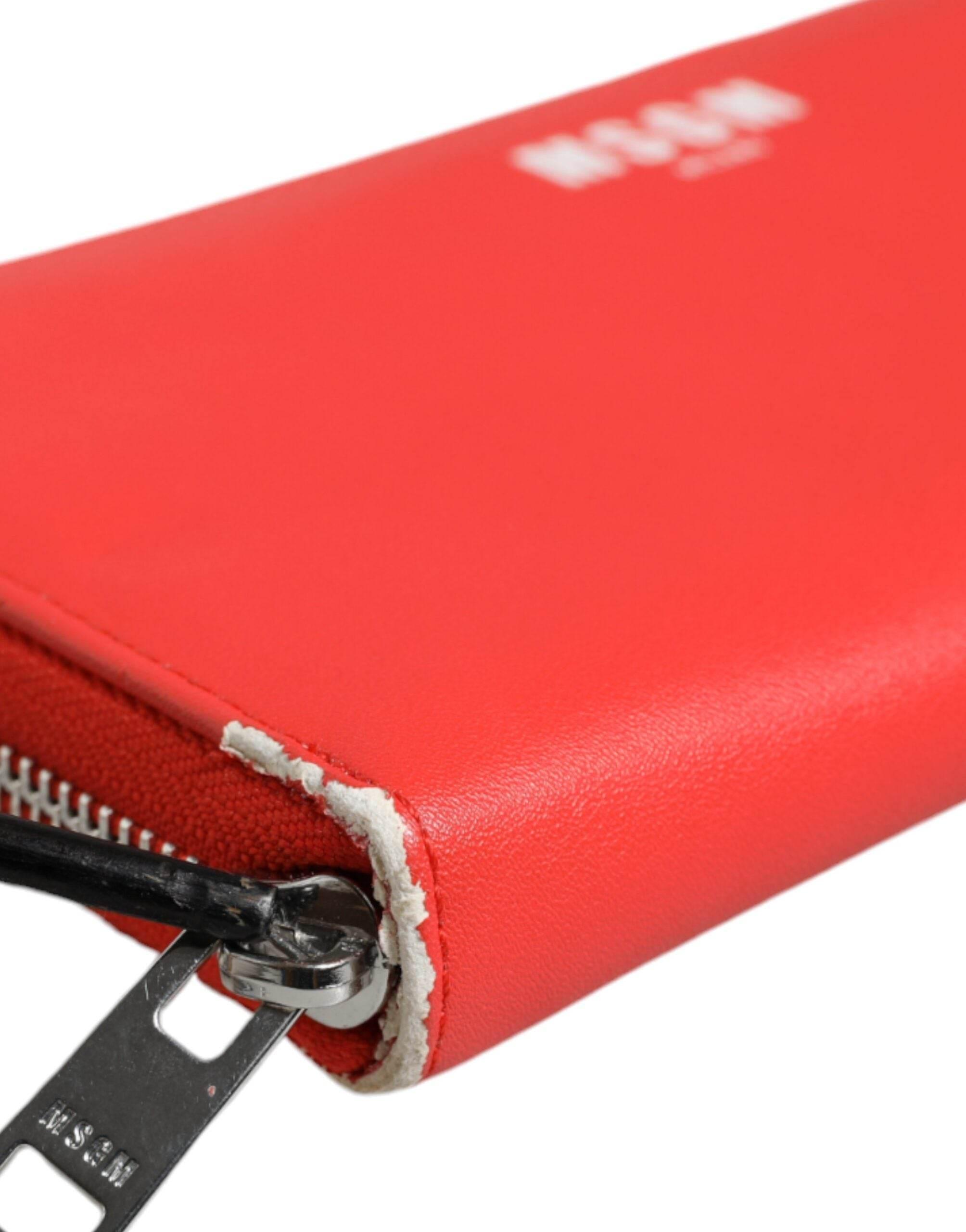 MSGM Red Leather Continental Zip Around Card Holder Bifold Clutch Wallet - Hilstor