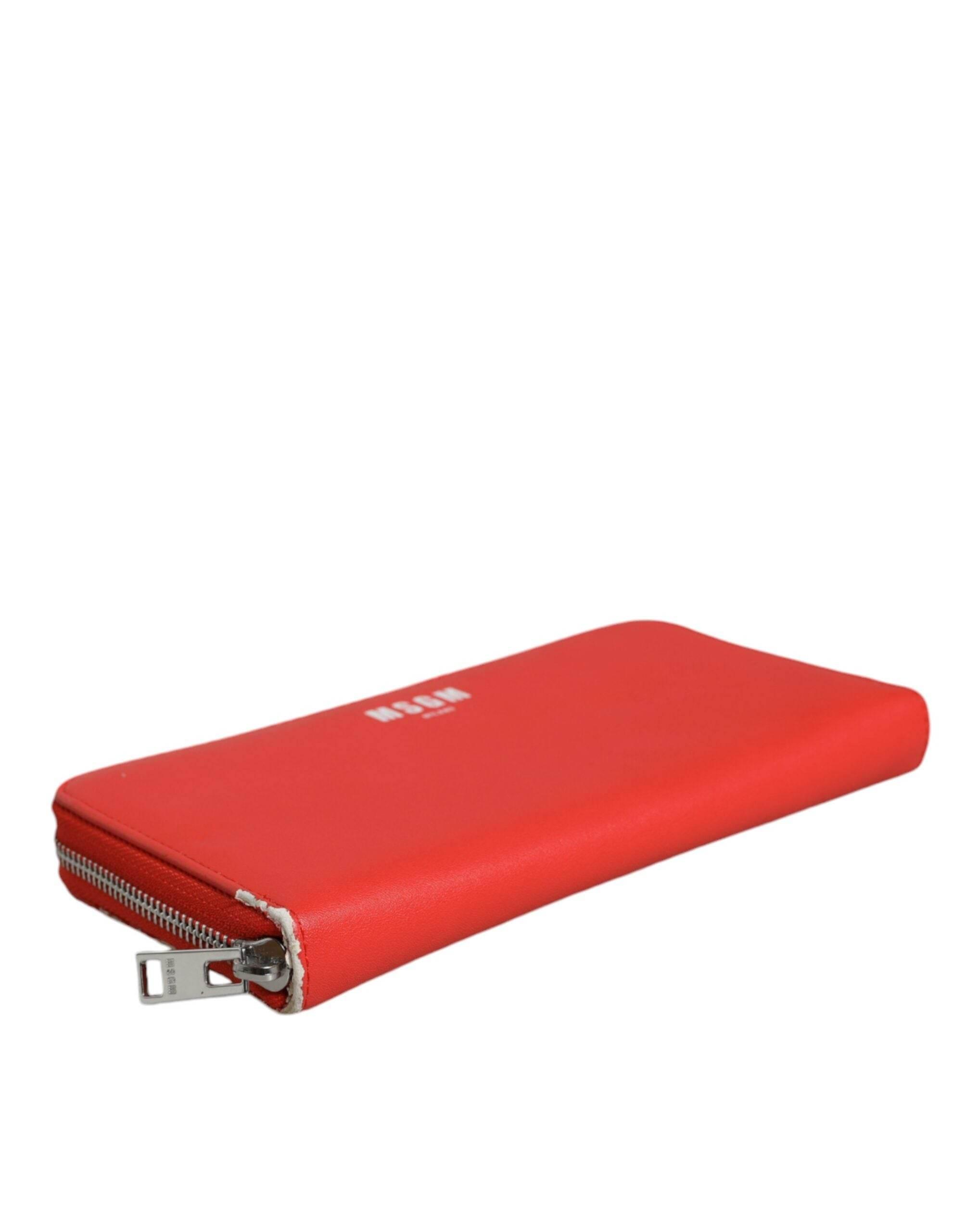 MSGM Red Leather Continental Zip Around Card Holder Bifold Clutch Wallet - Hilstor